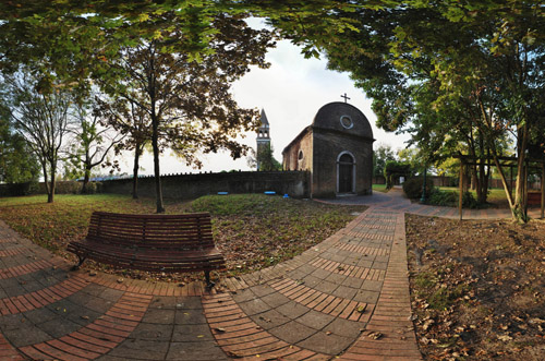 The very old church in the local park, Mazzorbo, Italy. Destination 360 travel photography.